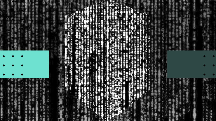 A stylized image of cascading computer code with a mask in the background