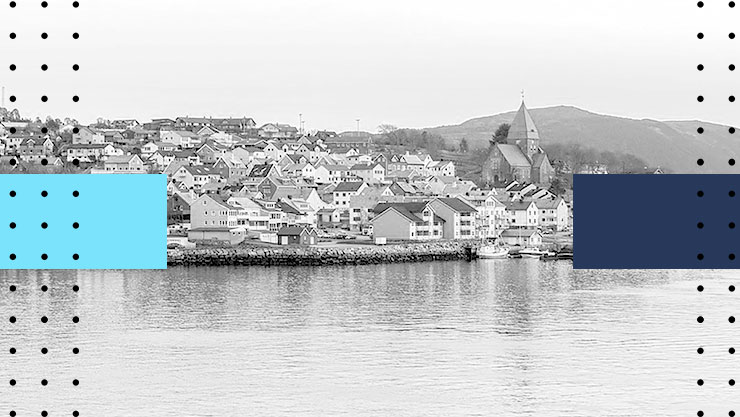 Wide shot of a seaside town in Norway