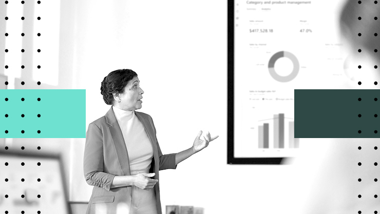 A stylized image of a woman giving a presentation