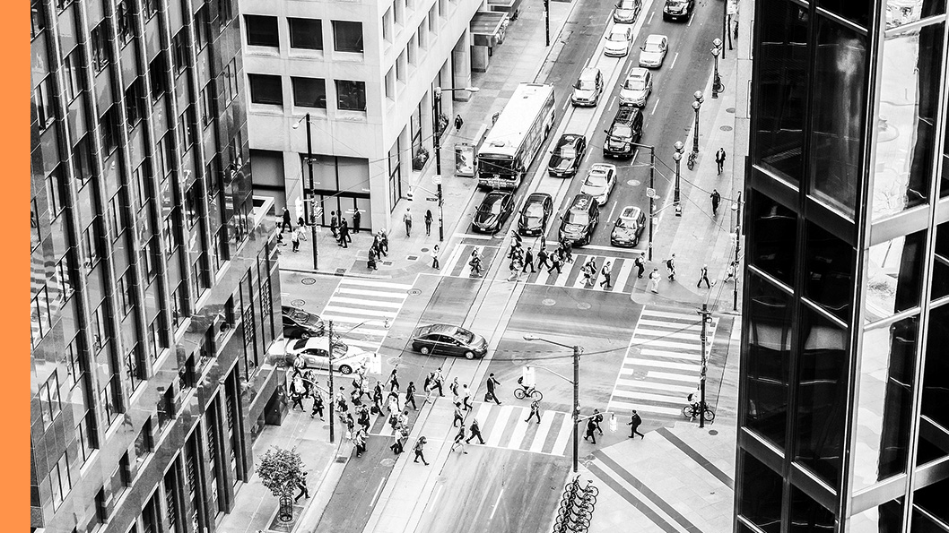 A stylized image of a busy city intersection
