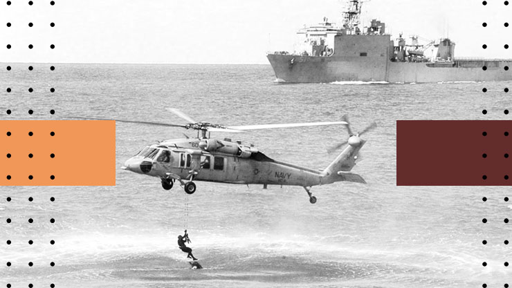Stylized image of a Navy helicopter conducting a rescue operation