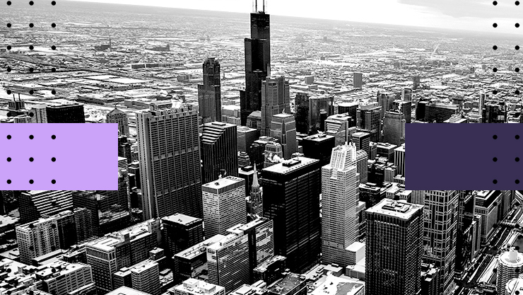 Overhead view of the downtown Chicago skyline.