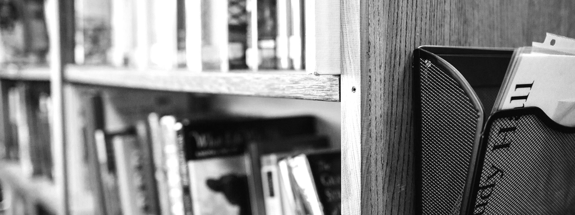 Closeup of a bookshelf in a library