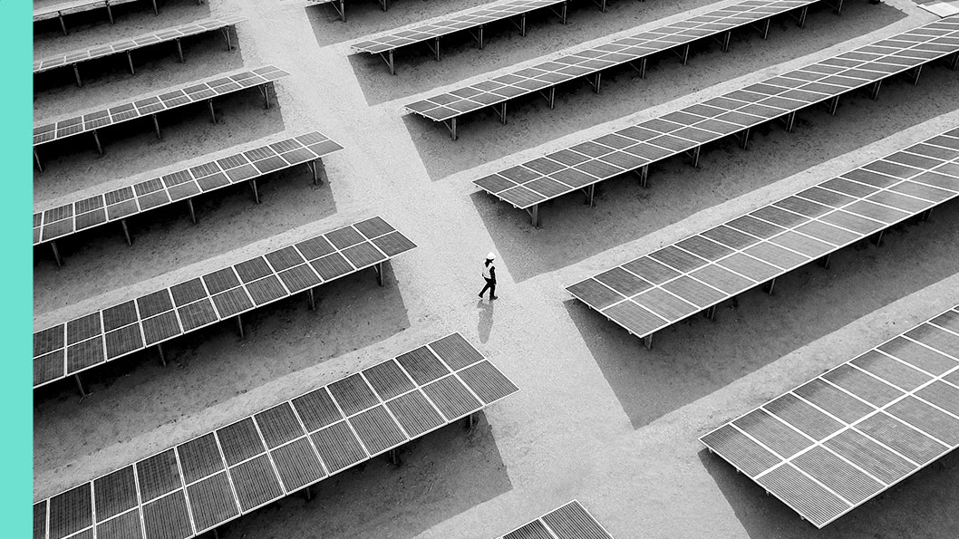Worker wearing a hard hat walks among rows of solar panels