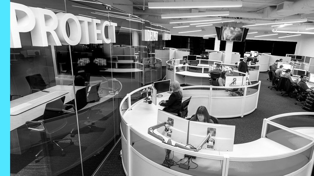 Overhead shot of people working in the Microsoft Cyber Defense Operations Center